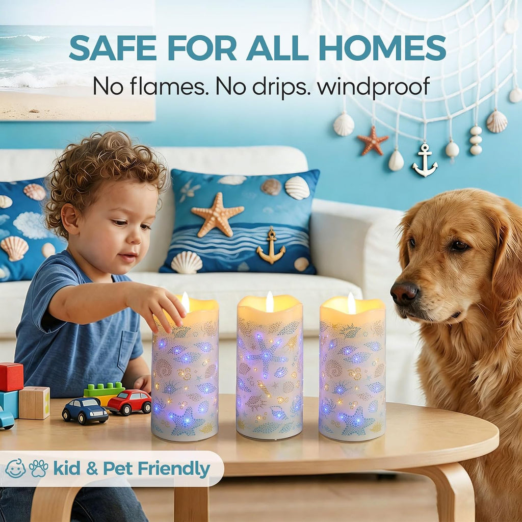 Blue Ocean Coastal Fiber Optic Flameless Pillar Candles with Remote