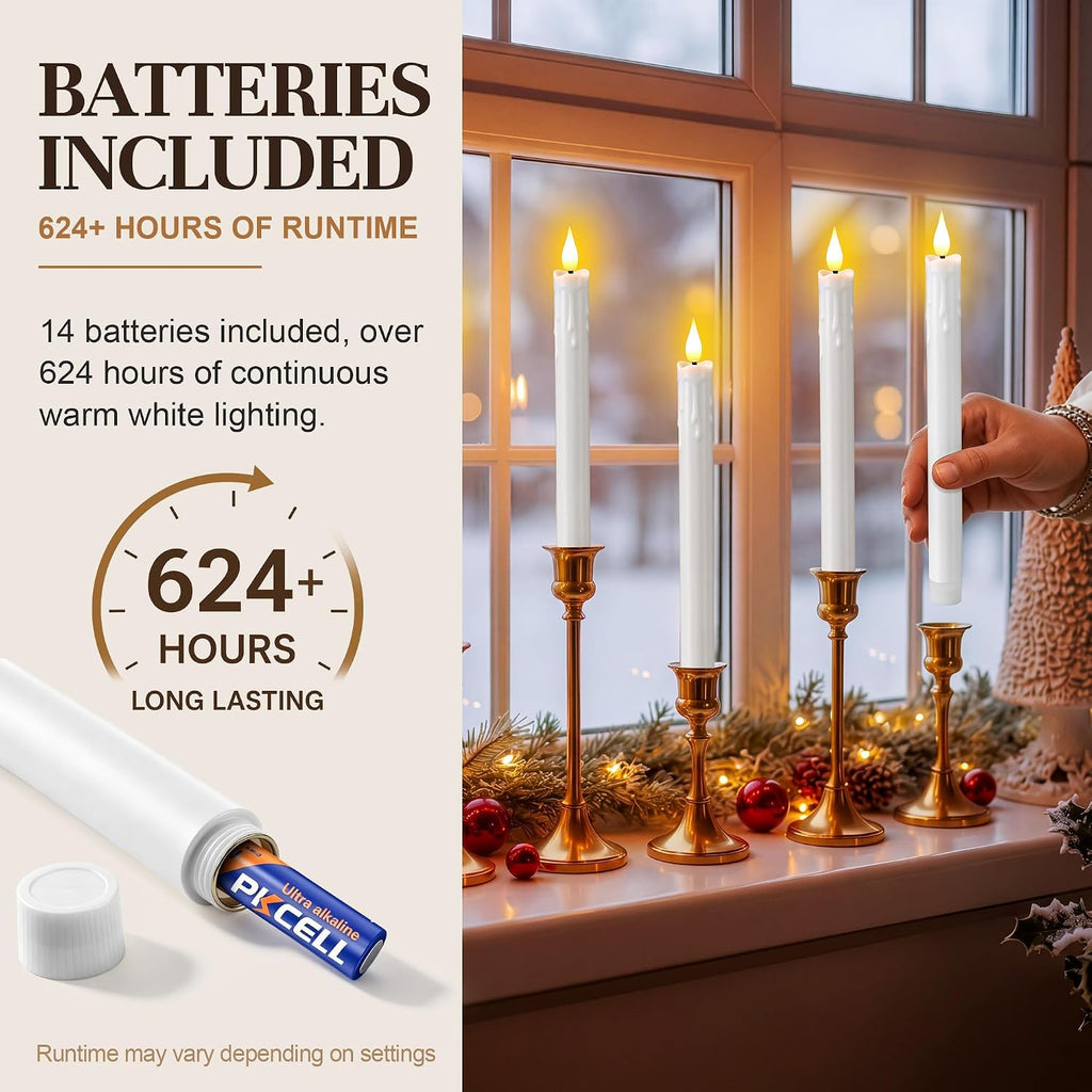 Enhon 6 Pack Flameless Taper Candles with Remote & Batteries, 10" White LED Candle Sticks, 3D Wick & Wax Drip Design, 624+ Hour Battery Operated Candles for Home, Wedding & Christmas Decor