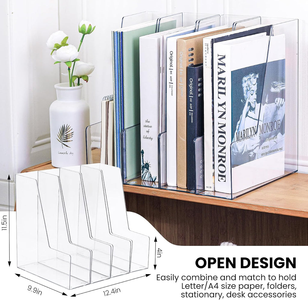 Vertical Magazine File Holder, Clear File Organizer Desk Organizer and Storage Bins Holding for Magazines, Binders, Notebooks, Envelopes, Plastic Office Organization and Storage for Desk, 4 Pack