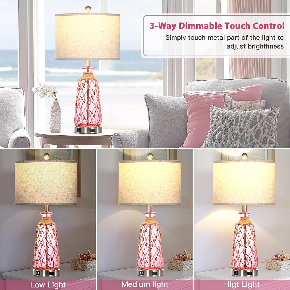 Ruzectt 25.5" Coastal Glass Table Lamps Set of 2, 3-Way Dimmable Touch Control Bedside Lamps with 2 USB Ports and AC Outlet, Pink Nautical Nightstand Lamps for Bedroom Living Room (LED Bulbs Included)