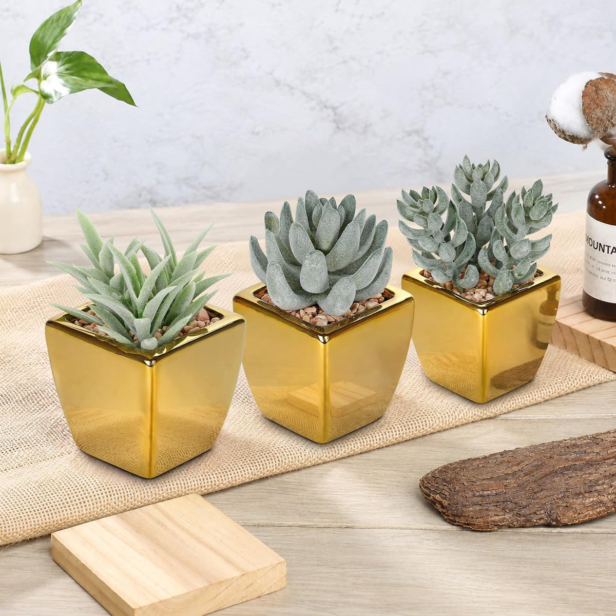 Hollyone Small Succulents Artificial 3 Pcs Faux Succulents with Gold Pots Mini Fake Succulent Plants Indoor Plant Ceramic Pots for Modern Office Desk Bathroom Shelf Living Room Home Decor Sage Green