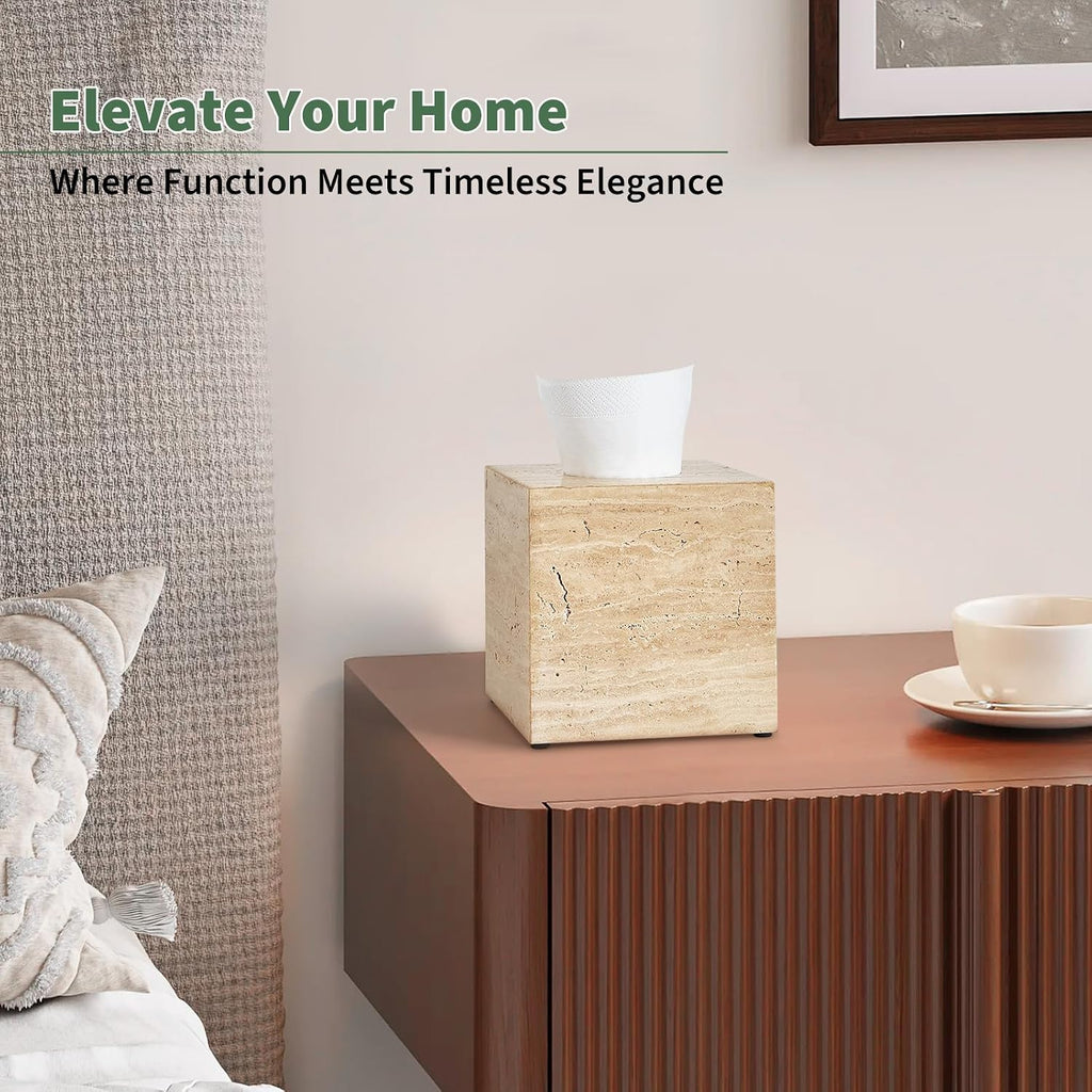 Real Natural Travertine Tissue Box Cover, 5.5in Square Holder