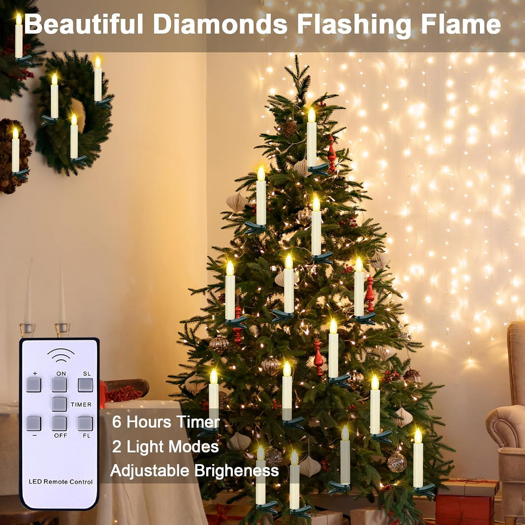 LED Christmas Candles, Flickering Clip on Candles for Christmas Tree, Battery Operated with Remote Timer, Warm White Light, Flameless Taper Candle for Home Christmas Decor, Set of 20