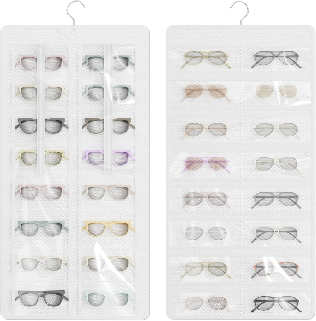Hanging Sunglasses Organizer and Storage, 32 Slots Jewelry Holder, White