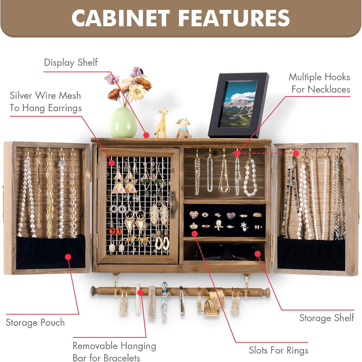 Wall Mounted Jewelry Organizer, Rustic Brown Wooden Jewelry Storage Cabinet