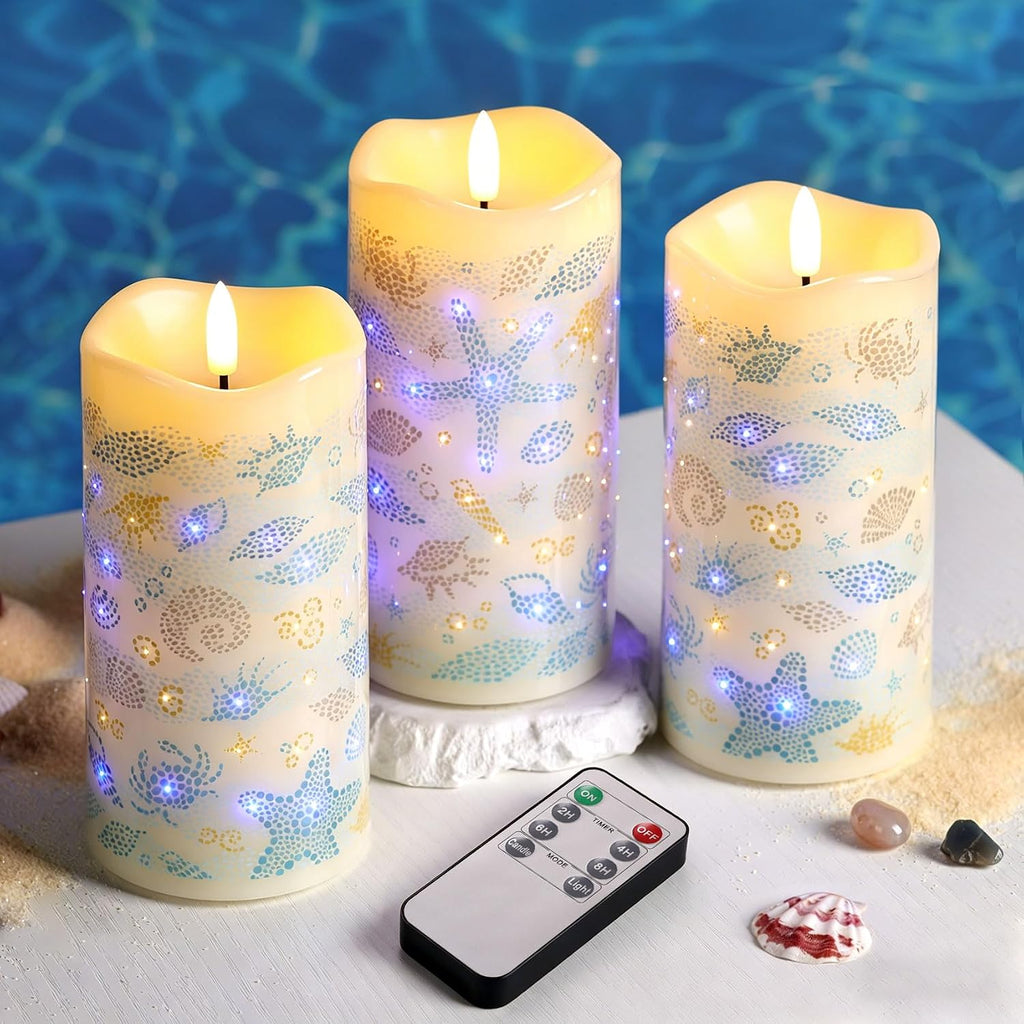 Blue Ocean Coastal Fiber Optic Flameless Pillar Candles with Remote