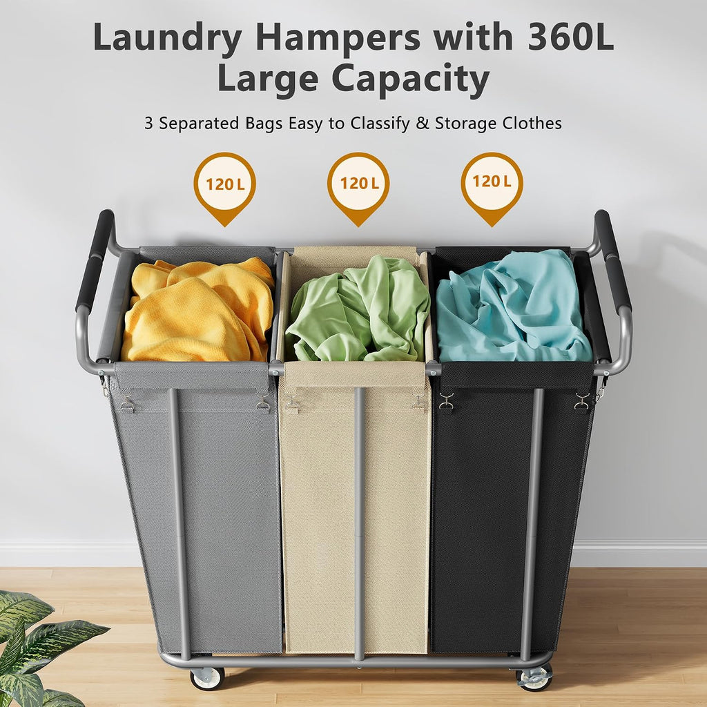 Gewudraw 3 Section Rolling Laundry Sorter Cart with Wheels, 360L