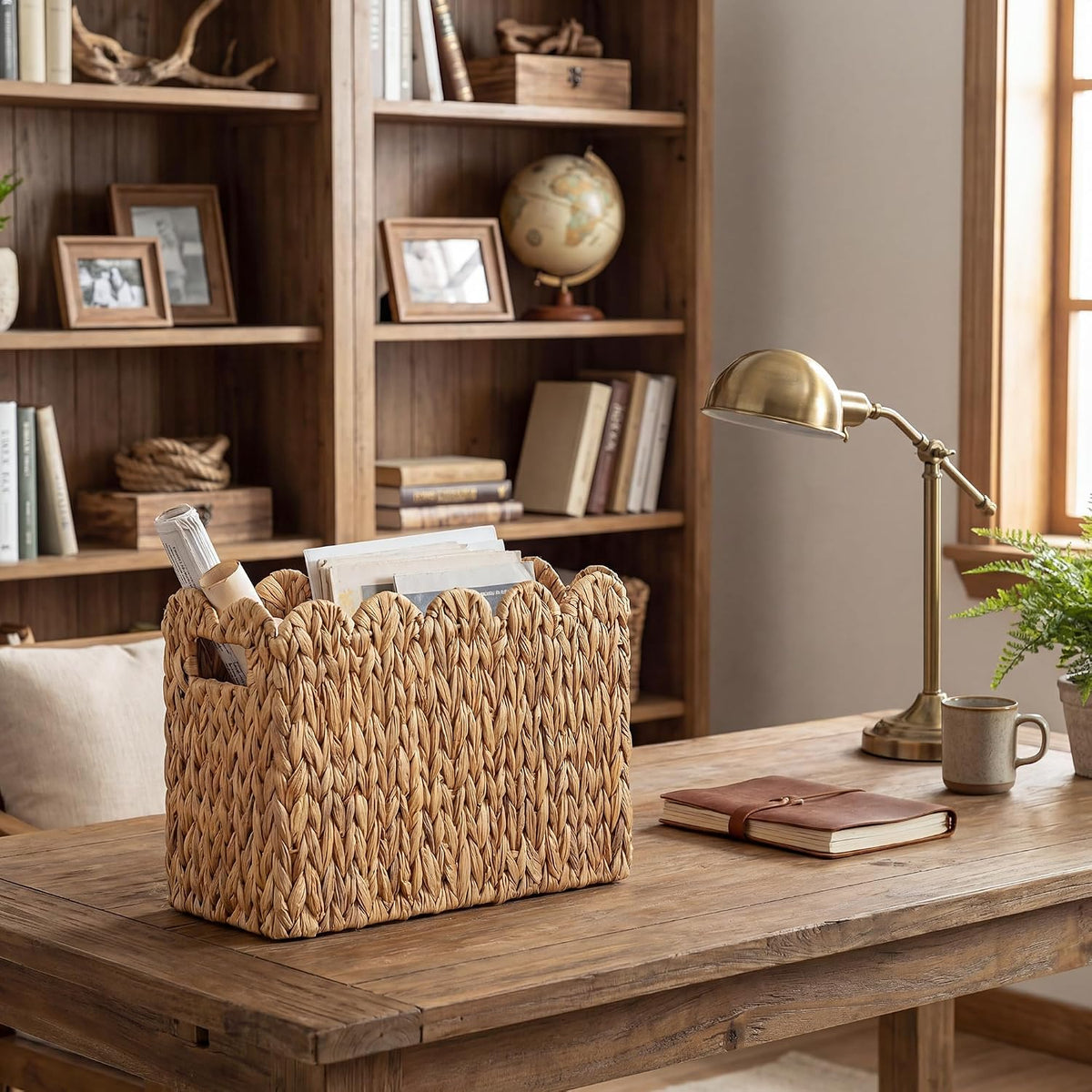 StorageWorks Scalloped Magazine Basket, Wicker Magazine Holder, Book Basket