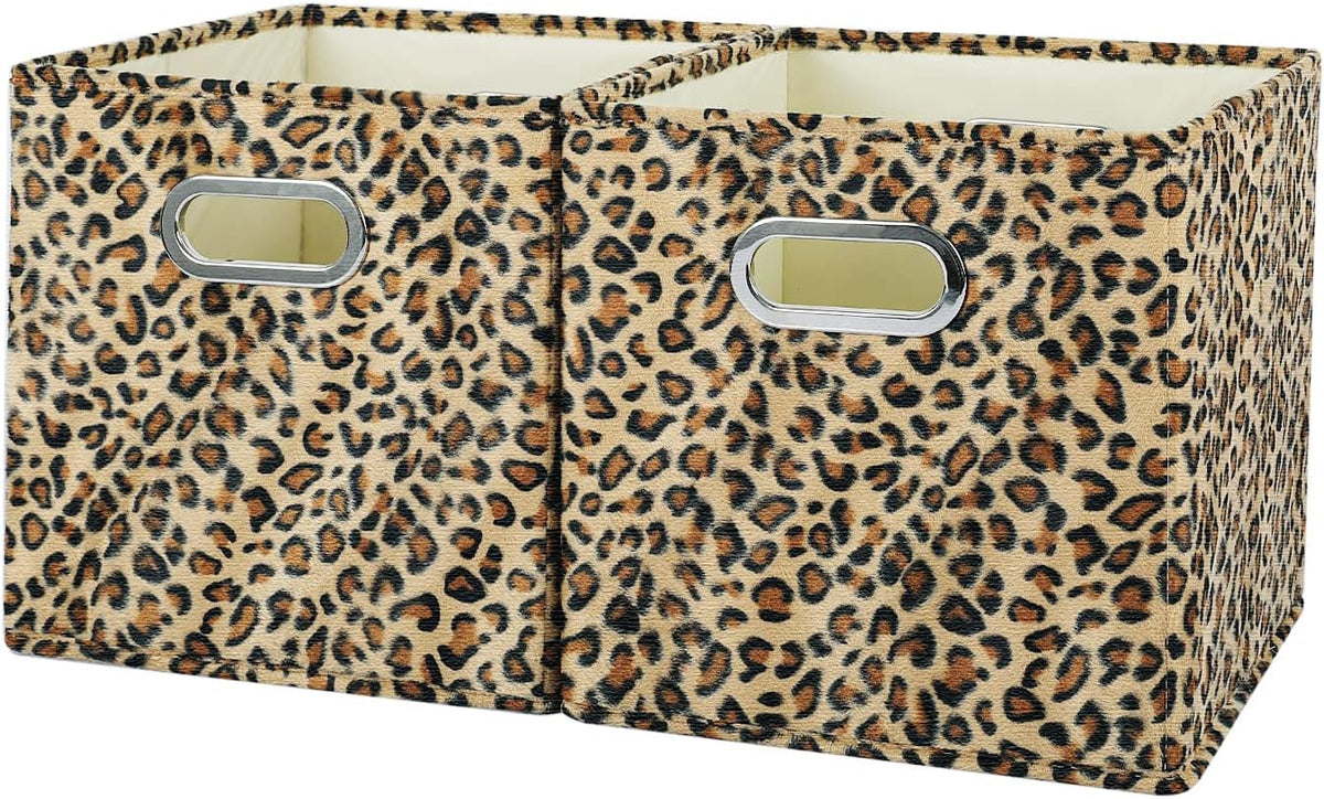 ANMINY Leopard Cheetah Print Storage Cubes Bins, Velvet, Brown, 11Inch 2PCS