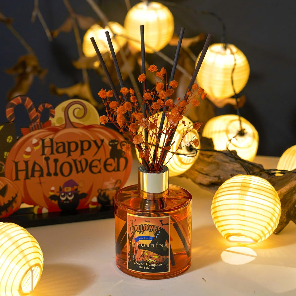 COCORRÍNA Reed Diffuser - Spiced Pumpkin 6.7 fl oz Scented Diffuser with 8 Sticks Home Fragrance Bathroom Shelf Decor (Halloween Collection)