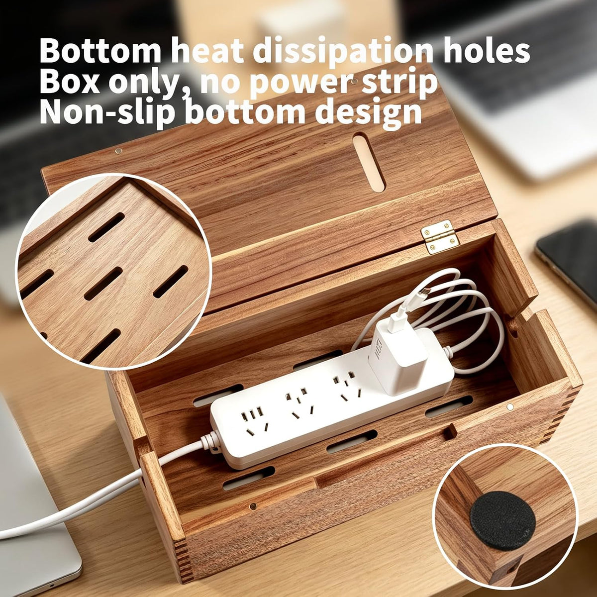 MINCORD Acacia Wood Cable Management Box - Cord Organizer & Power Strip Cover for Desk, TV Stand & Home Office, Wooden Electrical Cord Hider Box with Lid for Living Room, Bedroom & Gaming Setup