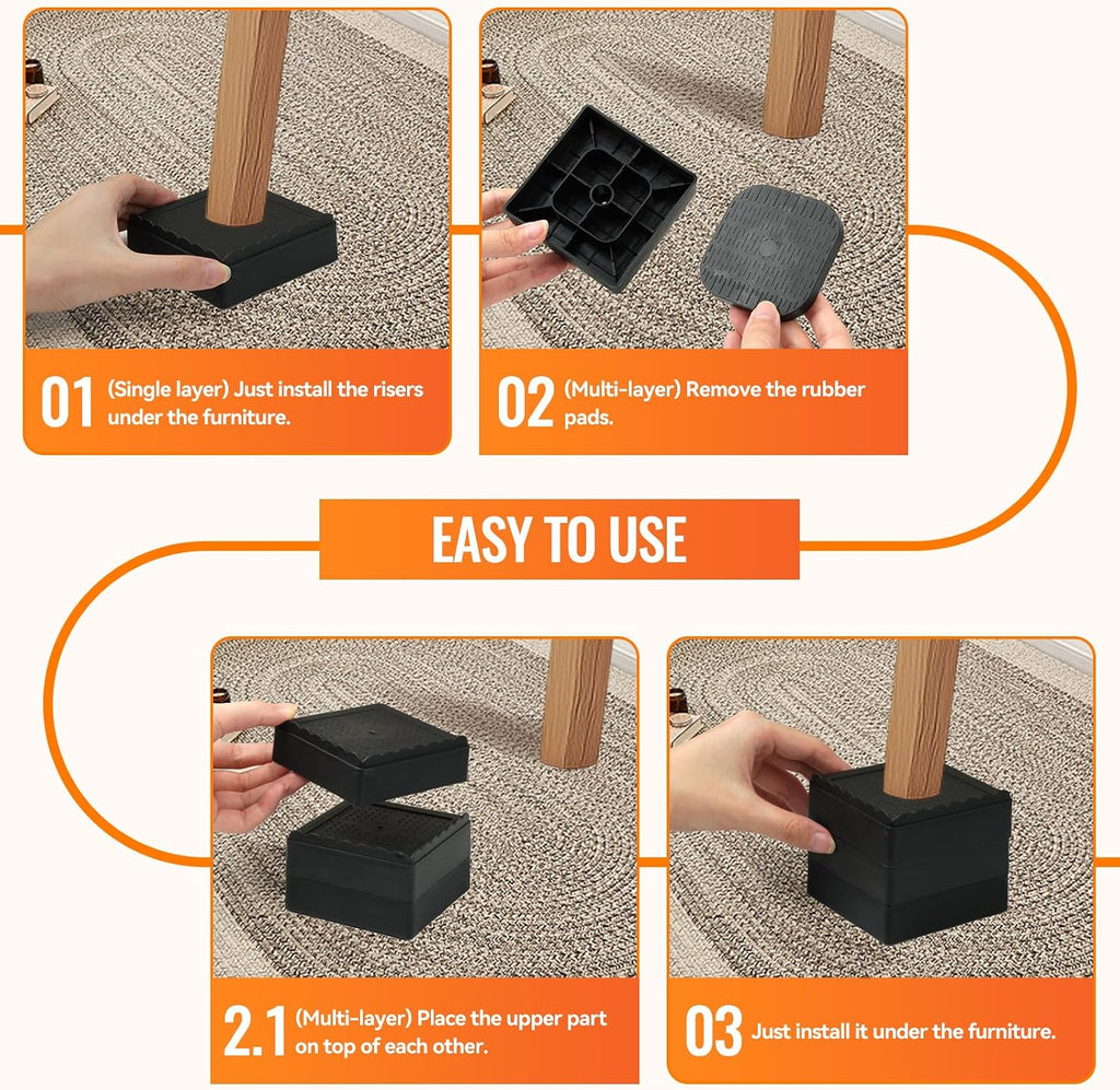 Furniture Risers, 8 Pack Bed Risers with Non-Slip Grip and Heavy Duty Support, 1 Inch 2 Inch 3 Inch 4 Inch Height Lift for Couch, Sofa, Table, Desk, Chair, Refrigerator - Black, 1+1+1+1 Inch