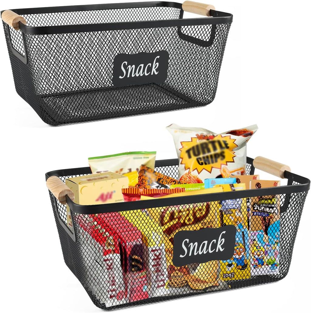 Snack Organizer for Pantry Shelf, 2 Pack Metal Mesh Snack Baskets with Wooden Handles, Snack Bin for Snack Bar Station, Kitchen Cabinet Pantry Organizers and Storage