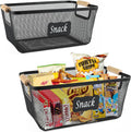 Snack Organizer for Pantry Shelf, 2 Pack Metal Mesh Snack Baskets with Wooden Handles, Snack Bin for Snack Bar Station, Kitchen Cabinet Pantry Organizers and Storage
