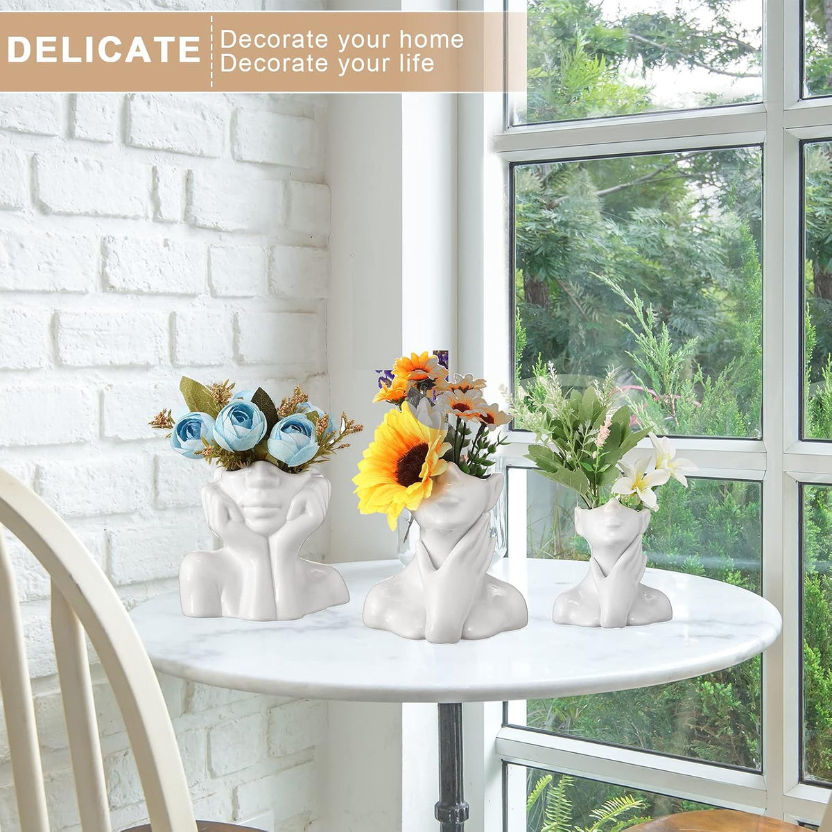 Sieral 3 Pcs Ceramic Face Vase Female Form Body Flower Vase, Small, White