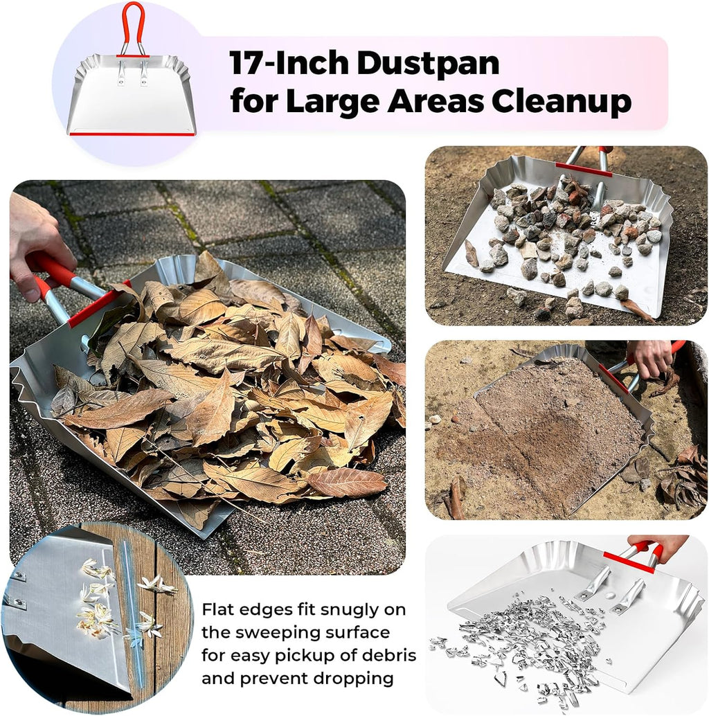 2 Pack Metal Dust Pan 17" and 12", Aluminum Heavy Duty Dust Pans with Non-Slip Rubber Handle, Durable Lightweight Large & Small Dustpan for Sweeping, Garage, Leaf, Household, Outdoor Cleaning