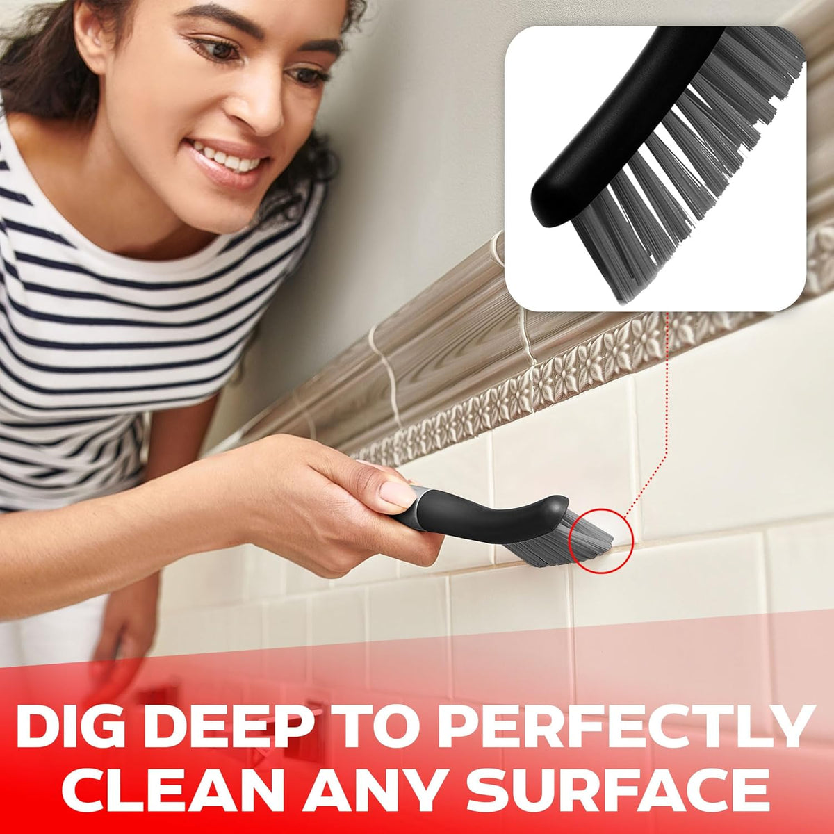Scrub Brush Set of 6 pcs - Cleaning Shower Scrubbers with Squeegee for Shower Glass and Adhesive Wall Hooks Including Grout Cleaner Brush, Scrub Brushes for Cleaning Bathroom, Shower, Tile, Bathtub