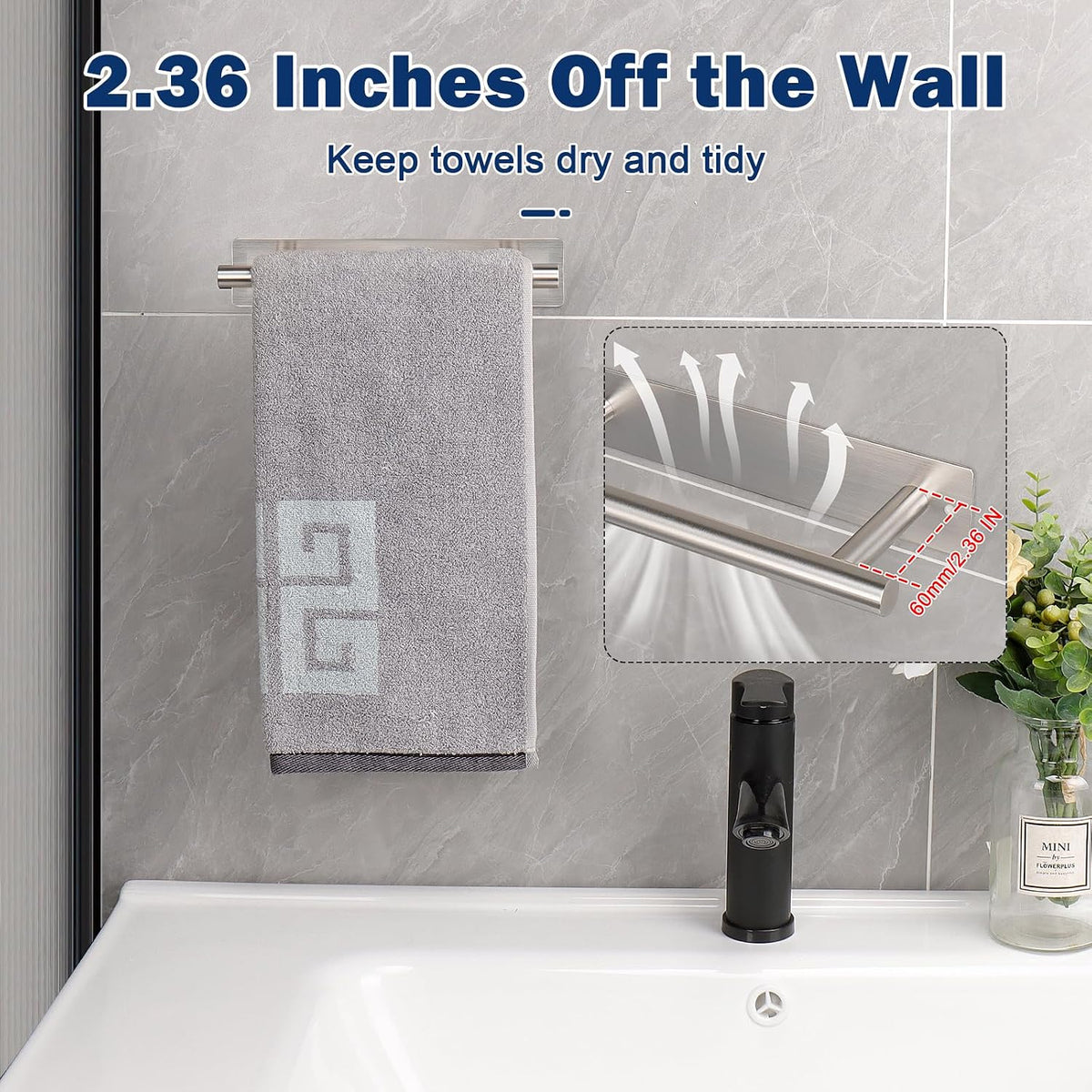 NearMoon Self Adhesive Hand Towel Holder/Towel Ring, Stainless Steel Hand Towel Bar Rustproof Stick on Wall-Towel Rack for Bathroom/Kitchen, Sticky and Wall Mounted (2, Brushed Nickel)
