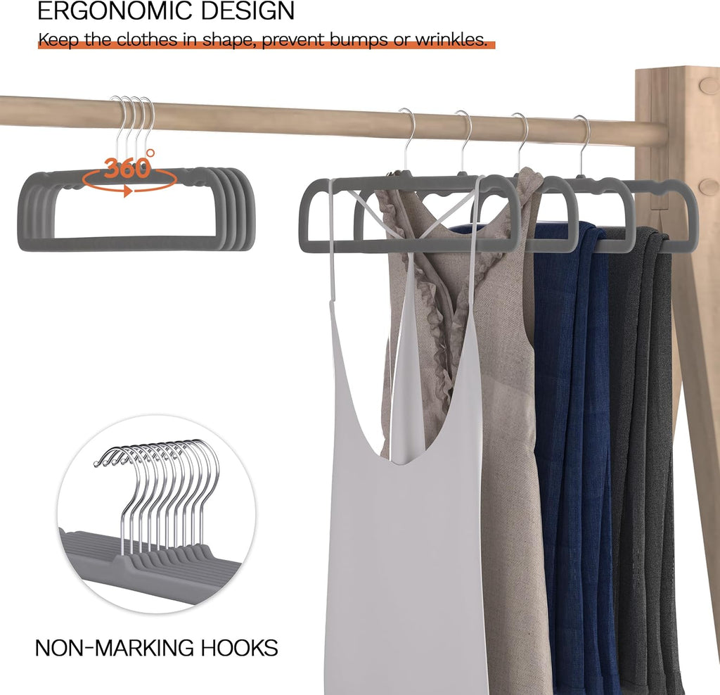 Small Size Gray Velvet Hangers 60 Pack, Slim Space Saving Pants Hangers for Closet Organizer, Rotating Hook, Non Slip Clothes Felt Hanger for Pants, Tank Top, Camisoles, Kids' Clothes