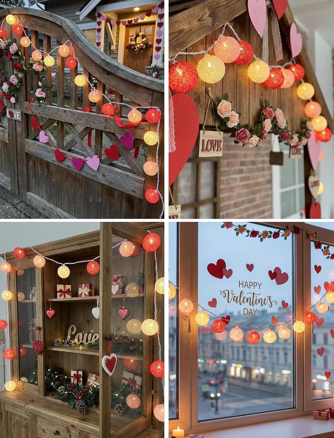 Red Pink and White Cotton Ball String Lights, 8.5Ft Valentine’s Day Decorative Fairy Lights Plug in with 10 Colorful Lantern, Hanging Cotton Globe Lights for Bedroom Wedding Party Home Birthday Decor