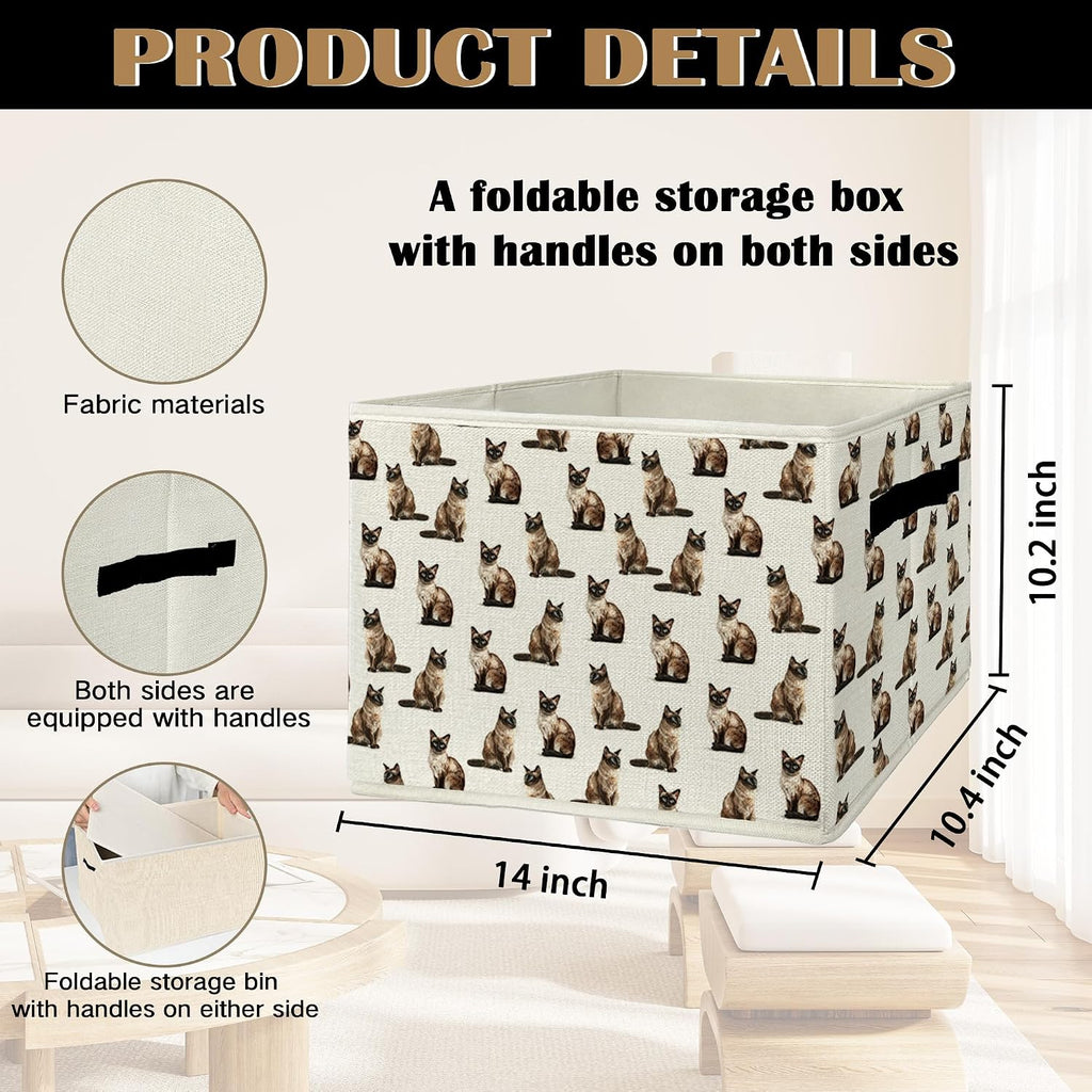 Siamese Cat Gifts Storage Bins & Boxes with Handles, Cat Mom Lovers Gifts Foldable Basket for Organizing, Gift for Pet Lovers Collapsible Storage Basket for Bedroom Bathroom Clothes Toys Books