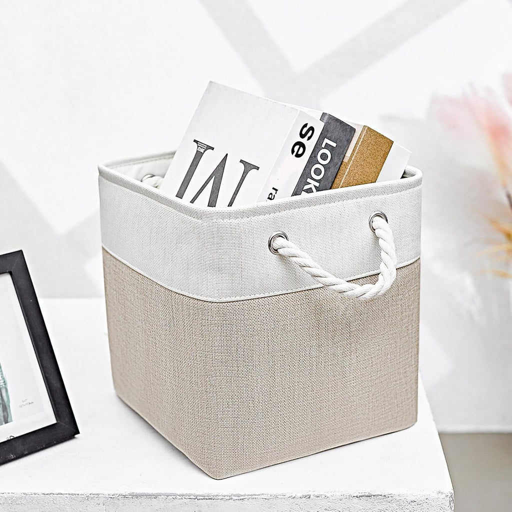 Cube Storage Bins, Collapsible Fabric Storage Cubes Bins, 11 Inch Cube Storage Bins with Handles, Foldable Storage Cubes (White/Beige, 6Pack)