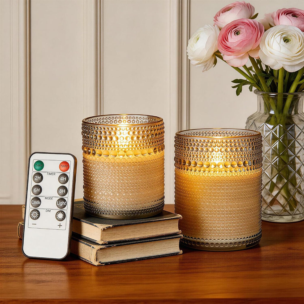 Gray Dotted Glass Real Wax Flameless Battery-Operated LED Pillar Candles