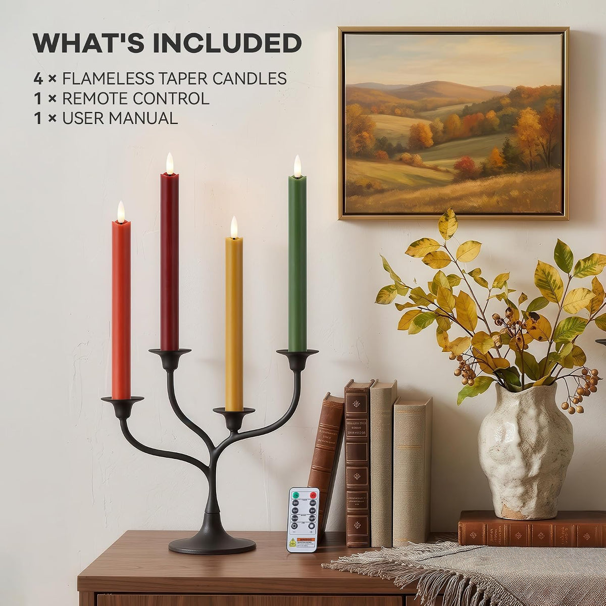 Fall Taper Candles Flameless Candle Sticks Battery Powered, Remote, 4 Pack