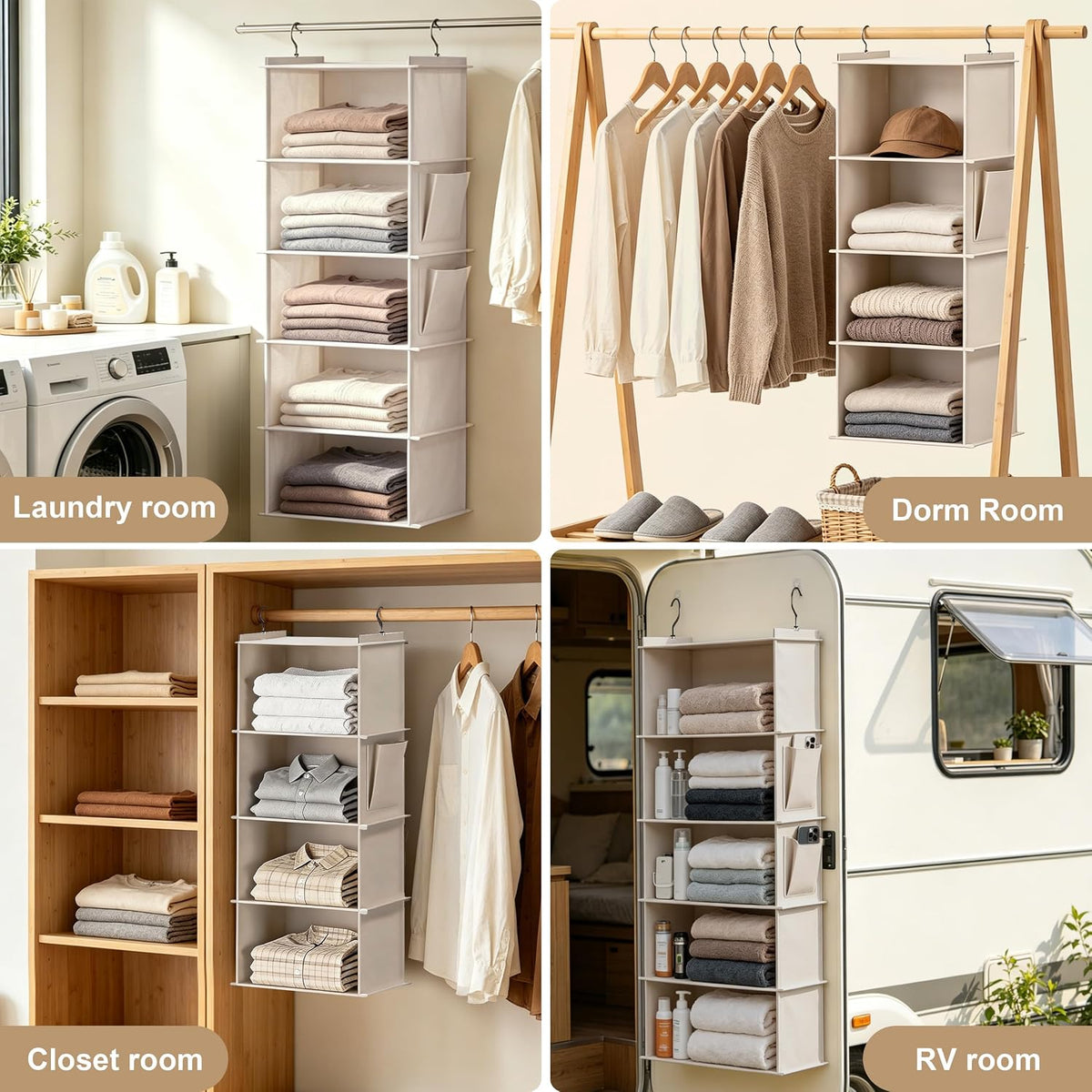 Foldable Hanging Closet Organizer, 5-Shelf Hanging Shelves with Side Pockets, Space Saving Storage for Clothes and Accessories