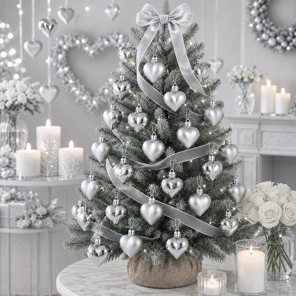 Set of 12 Silver Heart Ornaments for Christmas Valentine Tree Decorations, 1.8 inch Mini Valentines Ornaments for Small Tree, Heart Shaped Plastic Shatterproof Hanging Balls Holiday Party Decor