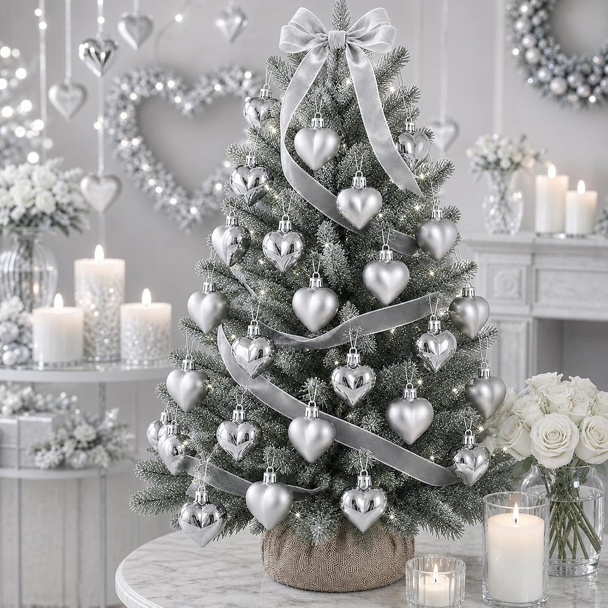 Set of 12 Silver Heart Ornaments for Christmas Valentine Tree Decorations, 1.8 inch Mini Valentines Ornaments for Small Tree, Heart Shaped Plastic Shatterproof Hanging Balls Holiday Party Decor