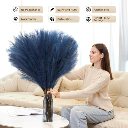 10 Pcs 39''/3.2FT Faux Pampas Grass Decor, Large Tall Fluffy Artificial Fake Flower, Bedroom Decor Boho Decor Pompas Floral for Vase Filler Farmhouse Home Wedding Decor (Blue)
