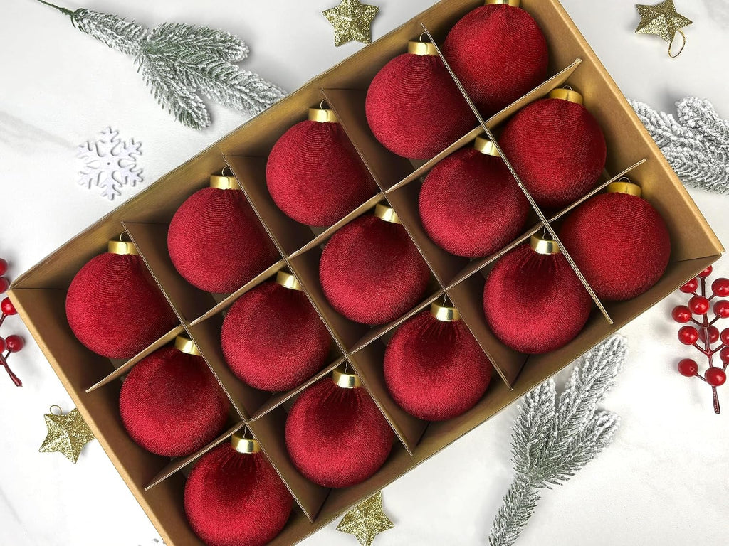 Dark Red Velvet Balls Ornaments for Christmas Tree 15 PCS, 3.15 Inch Large Shatterproof Earth Tones Christmas Bulb Ornaments Set-Decorative Hanging Baubles, Flocked Classic Decor for Holiday(Burgundy)