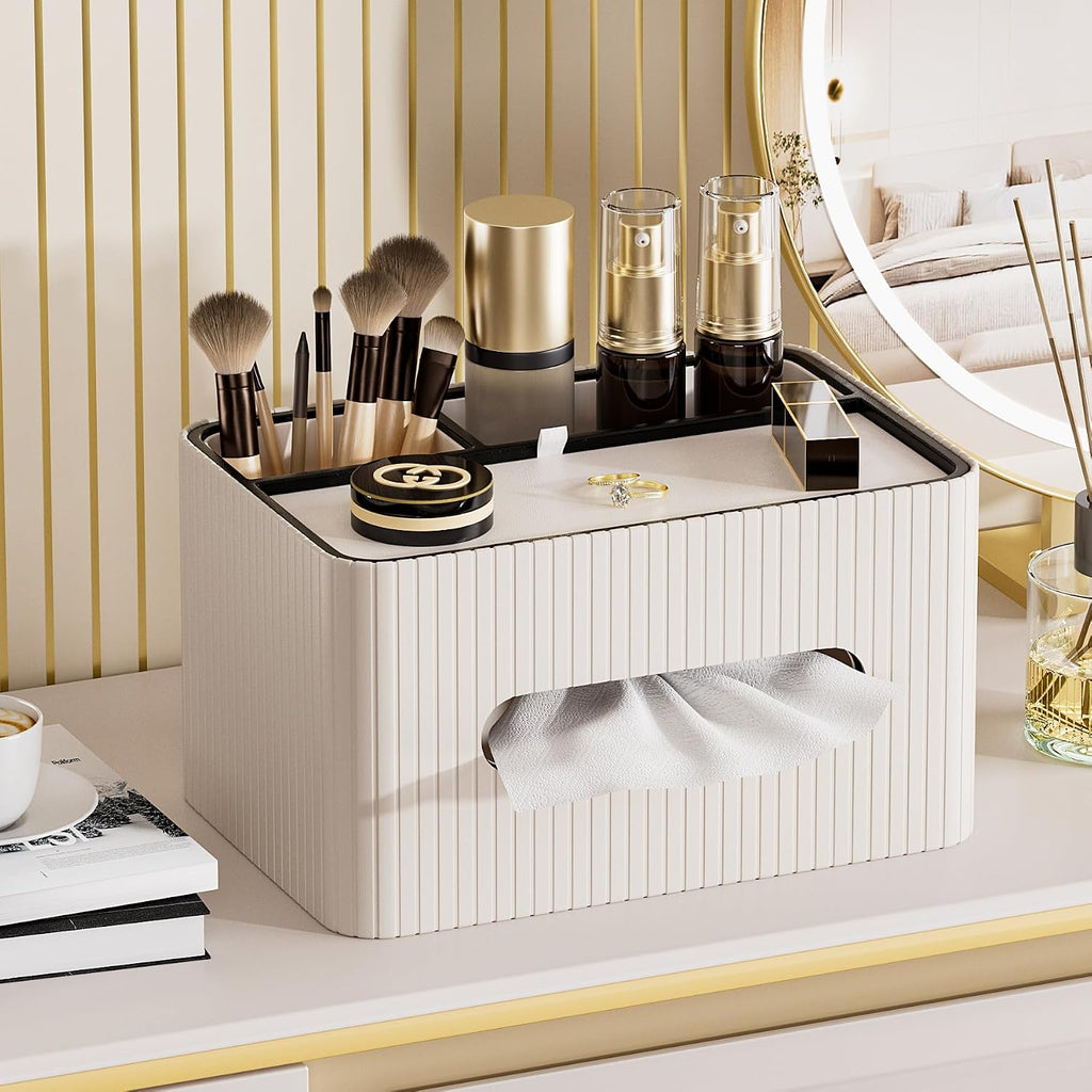 KINGFOM Leather Tissue Box Cover with Storage Tray, Decorative Tissue Box Holder Organizer for Office Desk, Bedroom & Nightstand, Remote Control Holder for Perfume, Watch, Glasses, Pens (Ivory White)