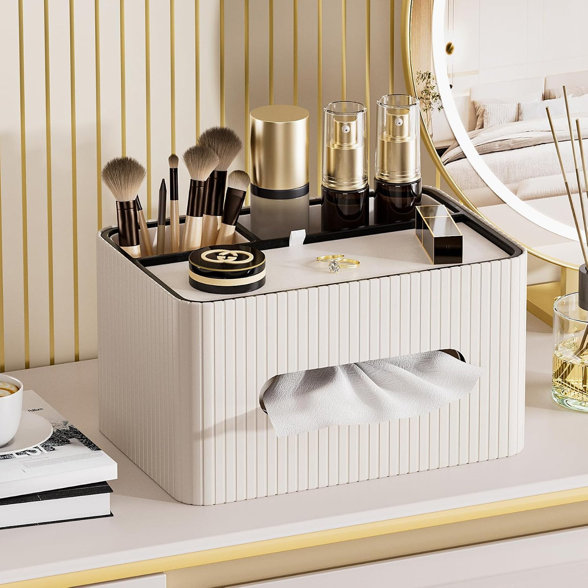 KINGFOM Leather Tissue Box Cover with Storage Tray, Decorative Tissue Box Holder Organizer for Office Desk, Bedroom & Nightstand, Remote Control Holder for Perfume, Watch, Glasses, Pens (Ivory White)