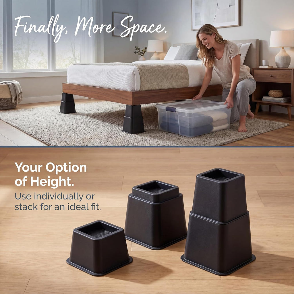 Bed Risers 8-Pack - Stackable Furniture Lifts for 3, 5 or 8 Inch Adjustable Height, 2200 Lbs Capacity Black Square Sofa and Desk Elevators for Under Bed Storage