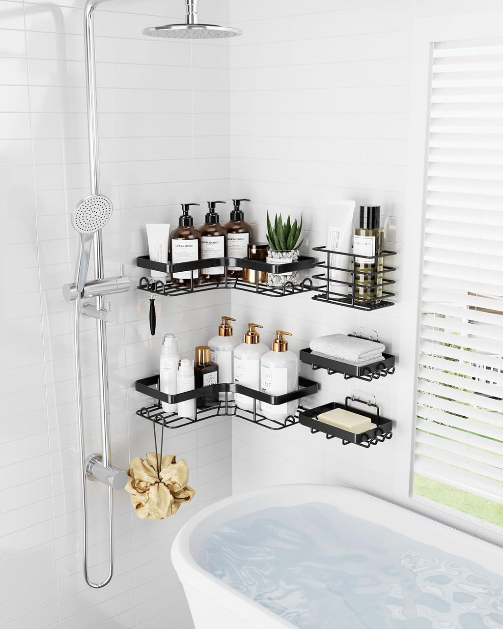 Sakugi Corner Shower Caddy, Large, 5-Pack, Soap & Toothbrush Holder, Black