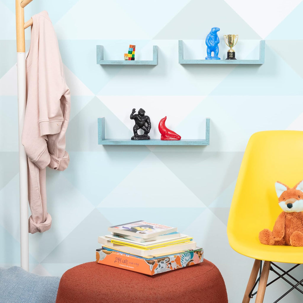 Greenco Set of 3 Floating “U” Shelves, Easy-to-Assemble Floating Wall Mount Shelves for Bedrooms and Living Rooms, Rustic Blue Finish