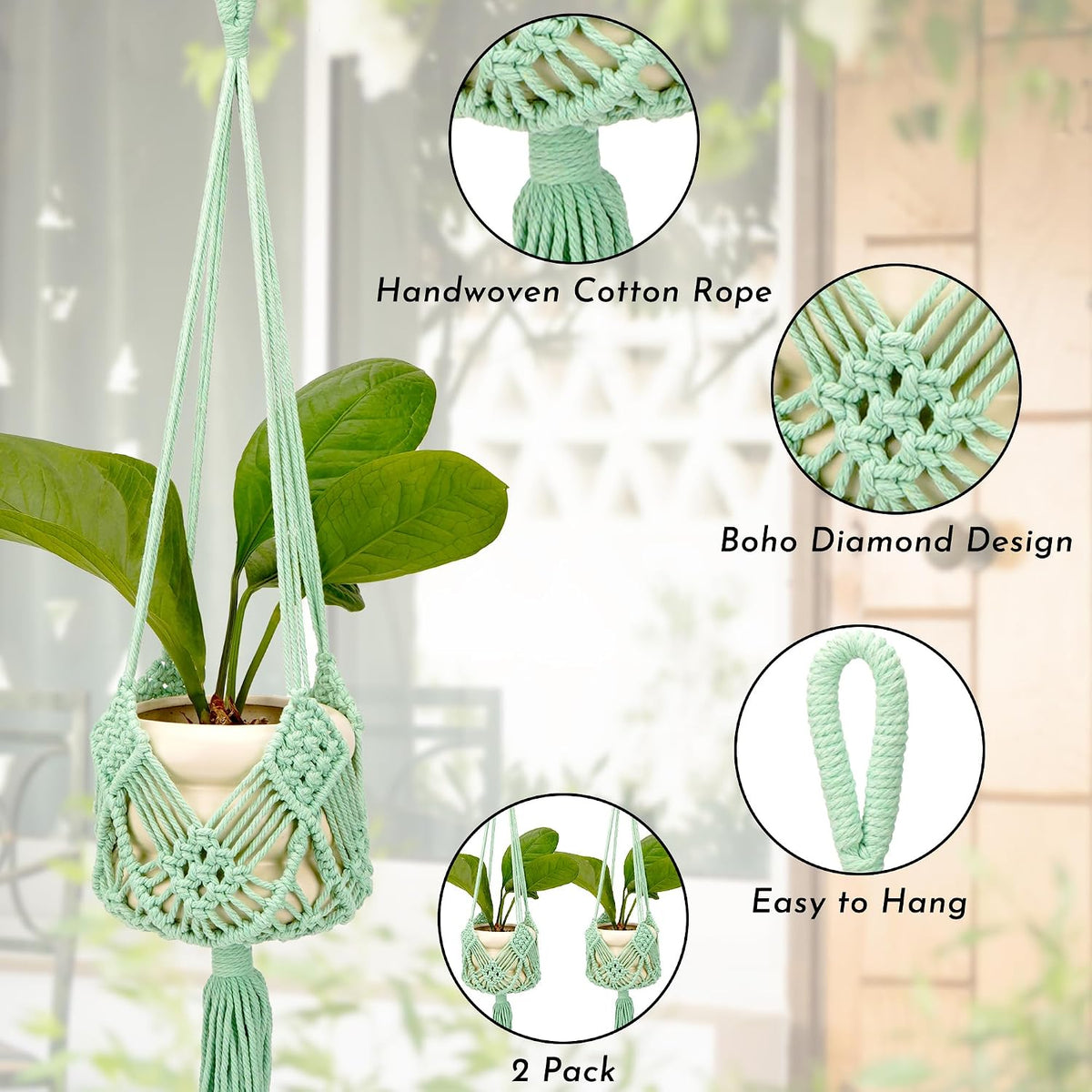 2 Pack Macrame Plant Hangers, 33-Inch Cotton Rope Hanging Planters with Diamond Design, Boho Home Decor for Indoor and Outdoor Use, Green