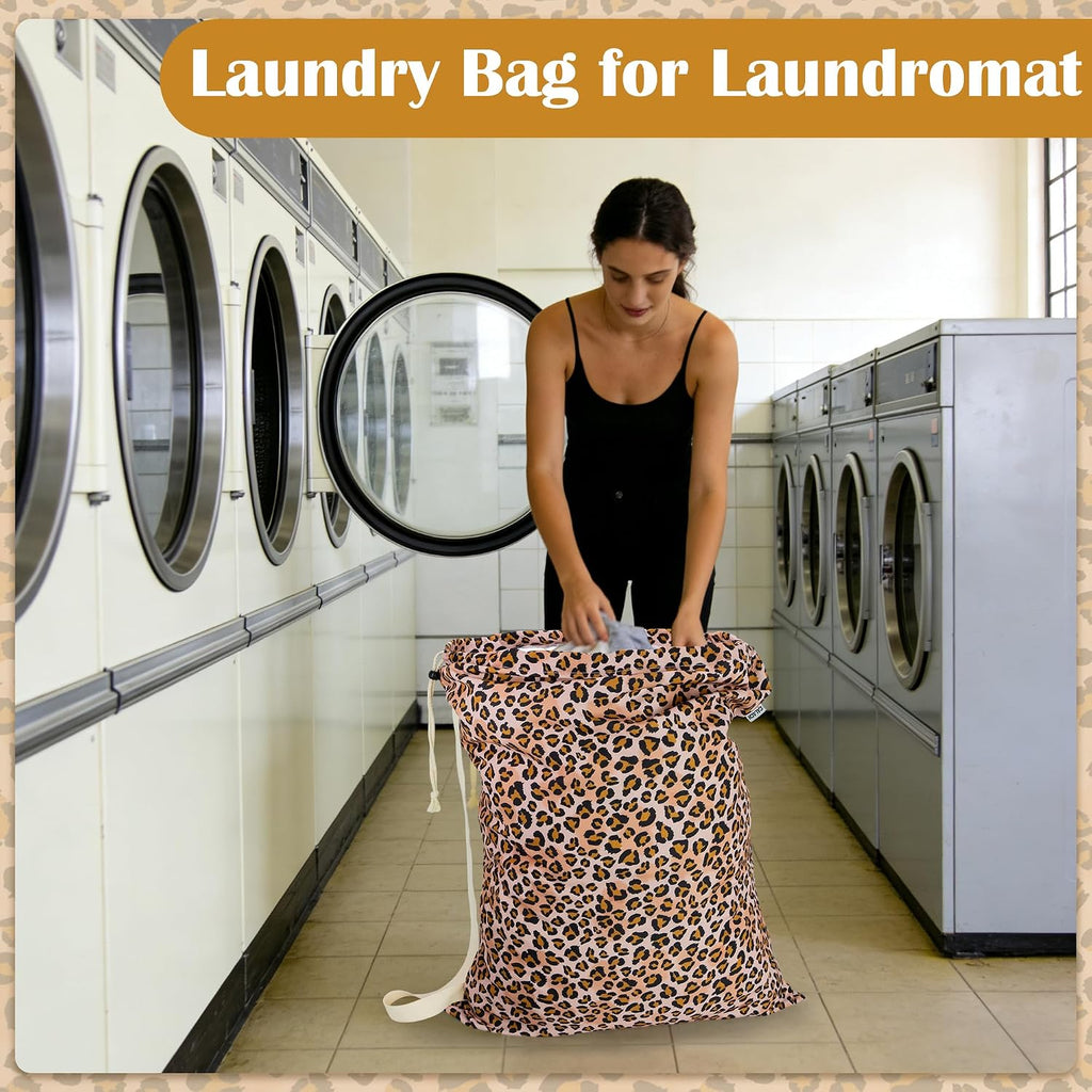 Canvas Laundry Bag with Shoulder Strap & Drawstring, Leopard, 23"W x 29"H