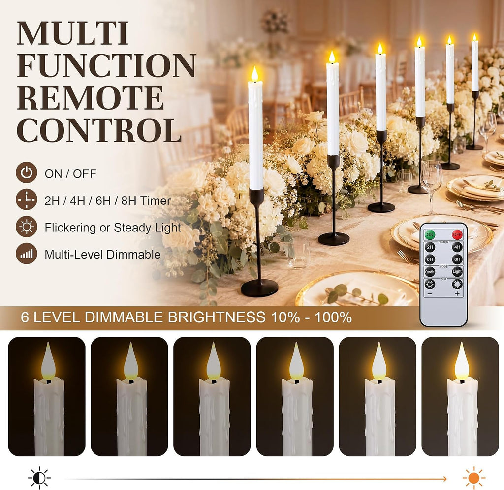 Enhon 6 Pack Flameless Taper Candles with Remote & Batteries, 10" White LED Candle Sticks, 3D Wick & Wax Drip Design, 624+ Hour Battery Operated Candles for Home, Wedding & Christmas Decor