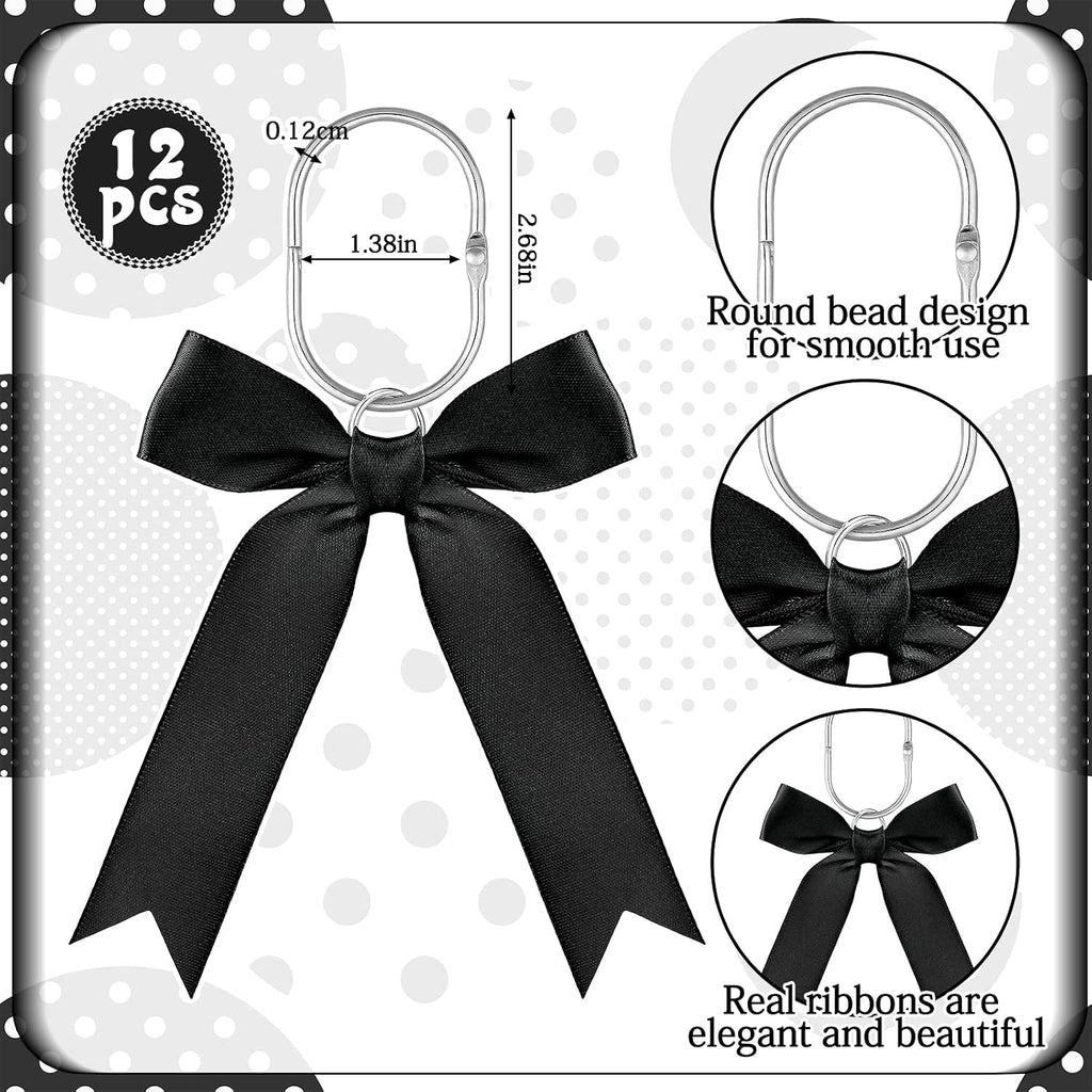 MorningRo 12 Pcs Black Bow Cute Shower Curtain Hooks Bow Knot Ribbon Hooks