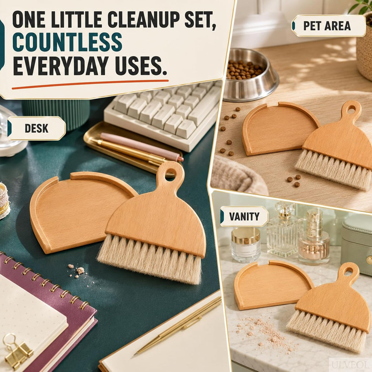 Desktop Table Dustpan and Brush Set for Home - Portable Cleaning Combo with Real Wood - Compact Brush for Sweeping