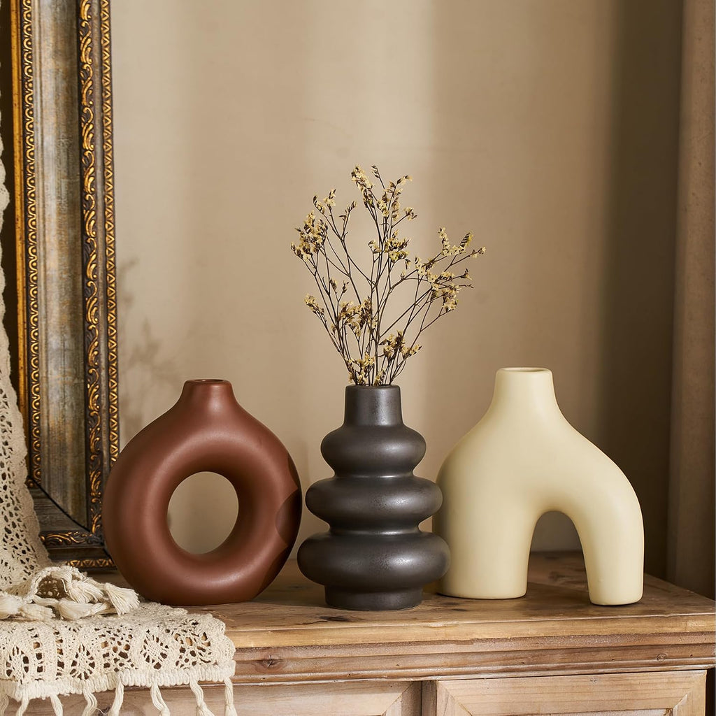 Boho Ceramic Vase Set of 3, Rustic Flower Vases for Pampas Grass