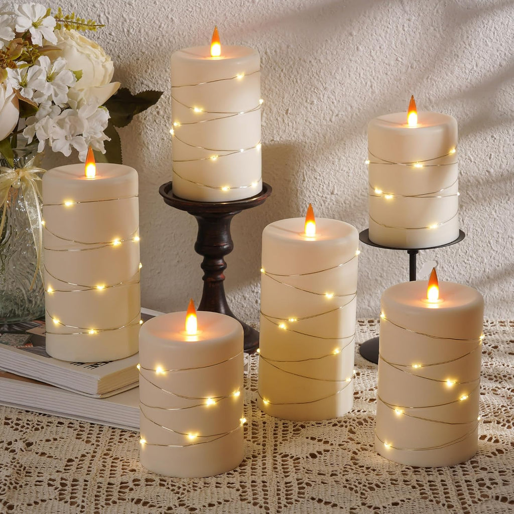 Upinmz 6 Pack Flameless LED Pillar Candles, Battery Operated Flickering Plastic Candles with Remote & Timer, Set for Home, Wedding & Holiday Ambience, Ivory White