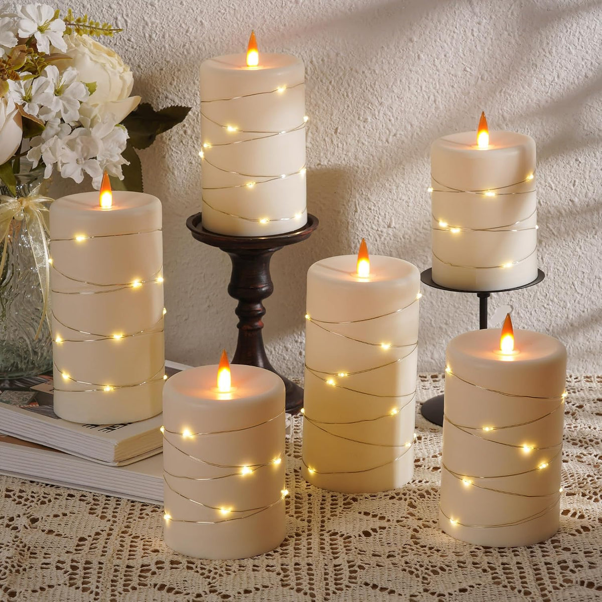 Upinmz 6 Pack Flameless LED Pillar Candles, Battery Operated Flickering Plastic Candles with Remote & Timer, Set for Home, Wedding & Holiday Ambience, Ivory White