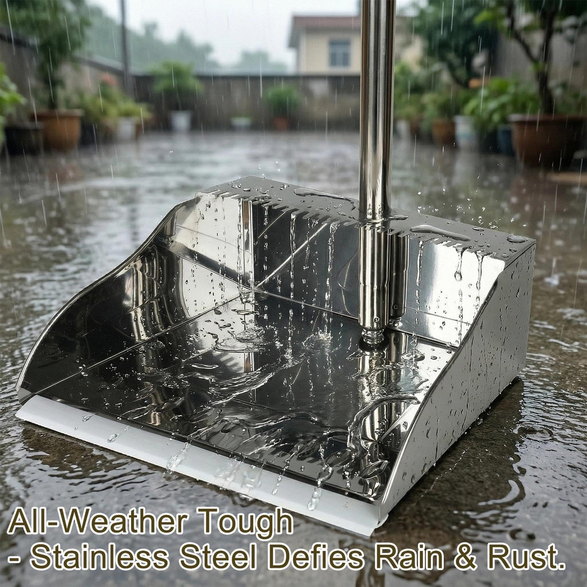 Metal Dust Pan with Long Handle, Stainless Steel Standing Dustpan