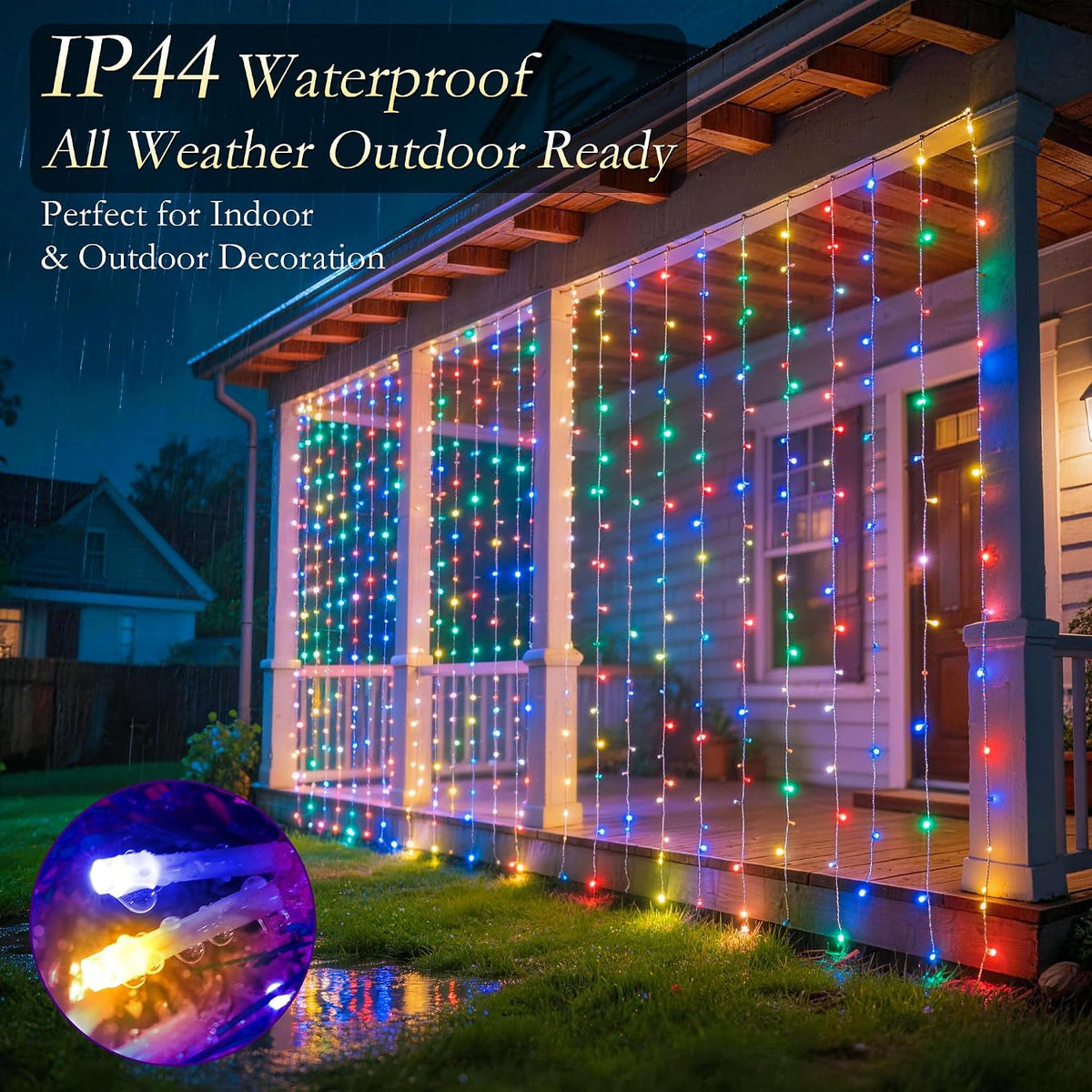 Curtain String Lights 300LED 9.8x9.8FT, Multicolor, IP44, 9.8FT Lead
