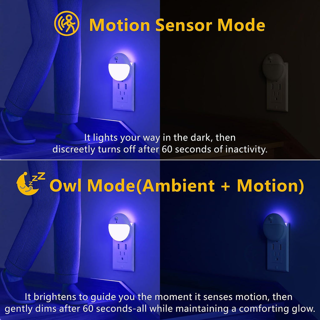 YUNLEX Blue Night Lights Plug into Wall, Motion Sensor, Dimmable, 2 Pack