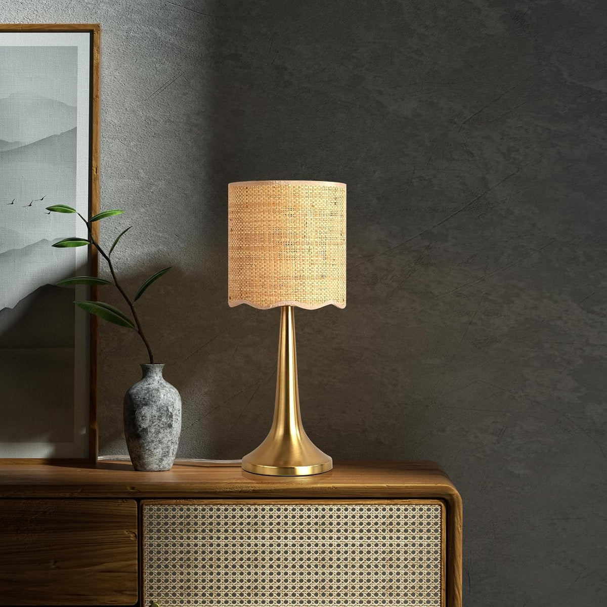 Ziqqeelam Gold Rattan Table Lamp for Bedroom, Brass Cute Wicker Lamps for Bedside Nightstand, Small Table Shape Lamps for Small Spaces for Kitchen Counter, Home Office, Living Room, Kids Dorm